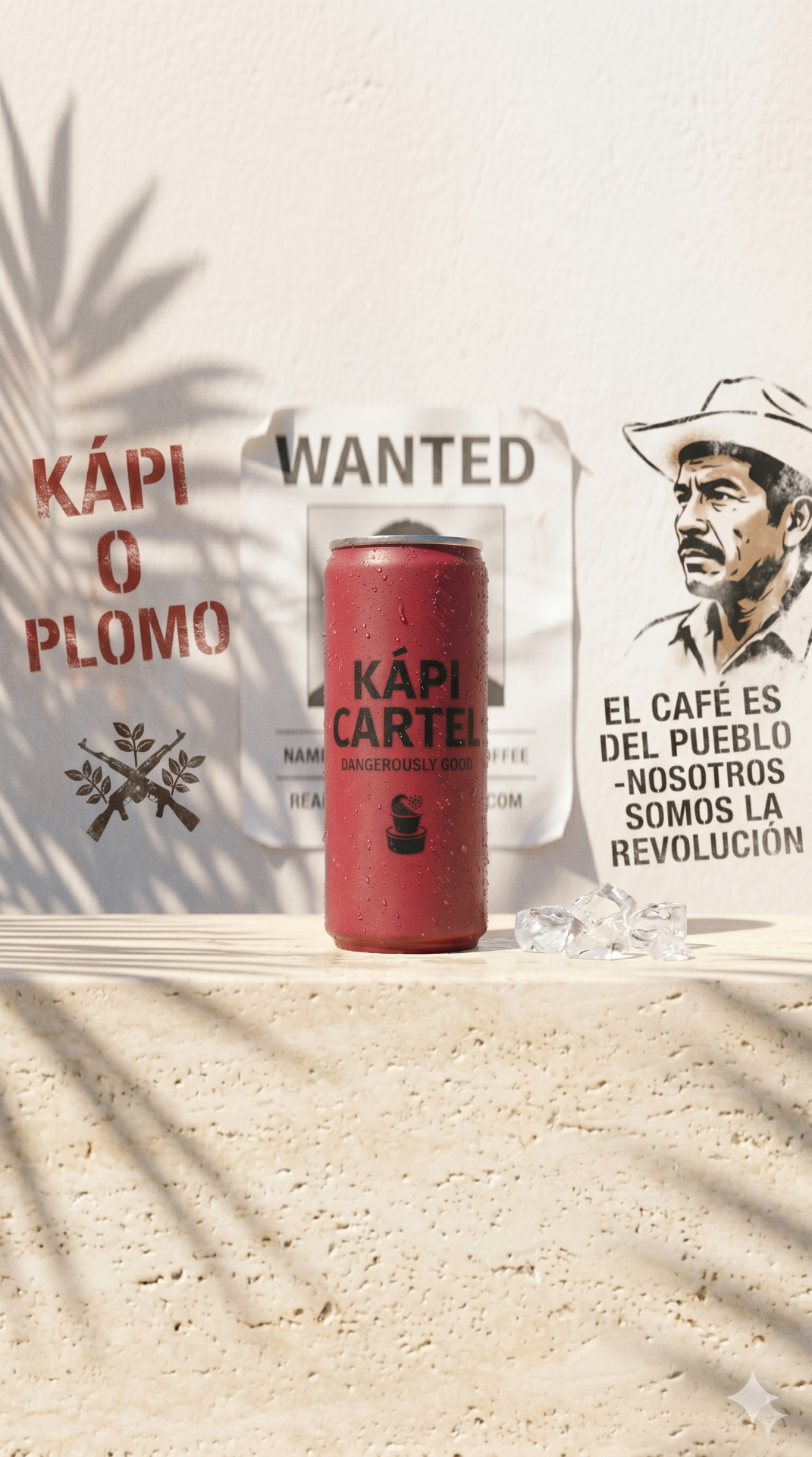 Kápi Cartel can on a sandy ledge with WANTED poster